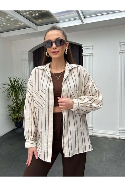 Elif Özbey Butik Πέτρινο καφέ ριγέ λινό πουκάμισο