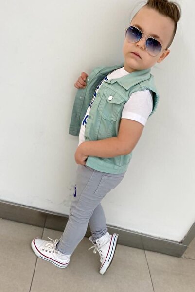 Riccotarz Boy's Eye and Text T-Shirt Zero Sleeve Jean Water Green Bet Top Set