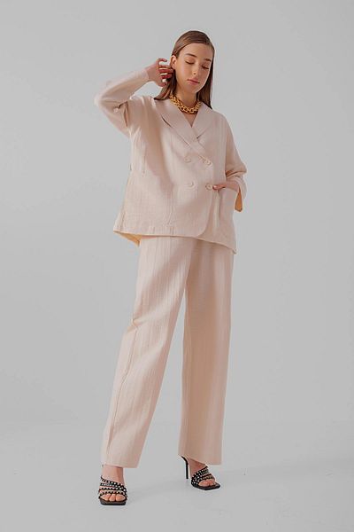 Suzi butik طقم جاكيت نسائي بياقة شال وبنطلون بالازو بلون حجري