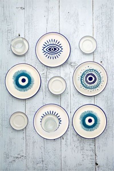 Kevin Seramik 18 Pieces Stackable Breakfast Set & Tea Set with Evil Eye Beads for 6 People - Hand Made