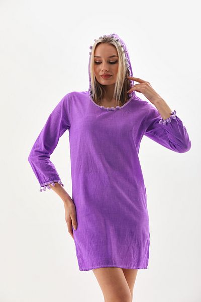 YUSUF CAN KARATAŞ KARATAŞ GİYİM Women's Lilac Color Long Sleeve Beach Tunic Hooded Cotton Cover