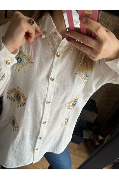 Cardella Gold Eye Embroidery Chain and Button Detailed Woven Oversize Wide Fit Women's Tunic Shirt