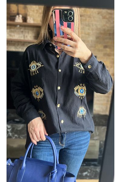 Cardella Oversize Women's Tunic Shirt with Gold Eye Embroidery and Chain and Button Detail