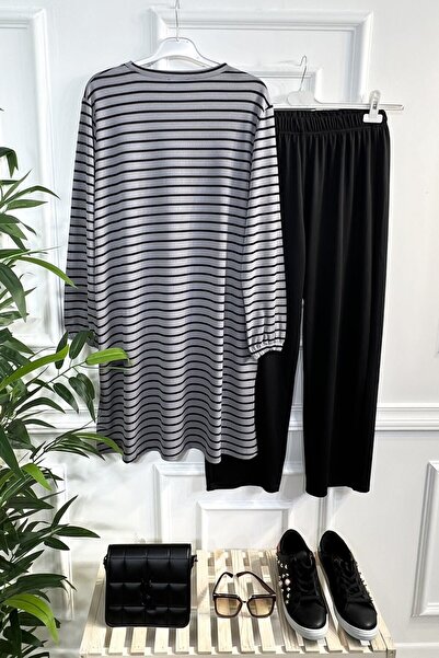 Aşkı Endam طقم توانا مخطط كبير الحجم مكون من قطعتين مرن بالكامل - رمادي