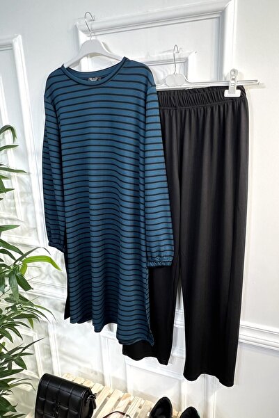 Aşkı Endam Large Size Tuana Striped Corded Full Flexible Double Set - Petrol