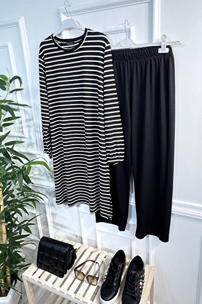 Aşkı Endam Set dublu cu nervuri în dungi Tuana de mărime mare - negru