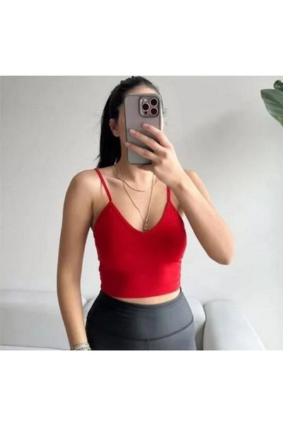 joshua Women's Red Scuba Fabric V-Neck Rope Strap Crop Top