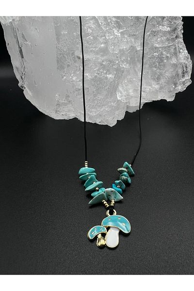 Doğal Taş Dünyası Certified Turquoise Natural Stone Design Necklace Mushroom Object Detailed AAA Quality
