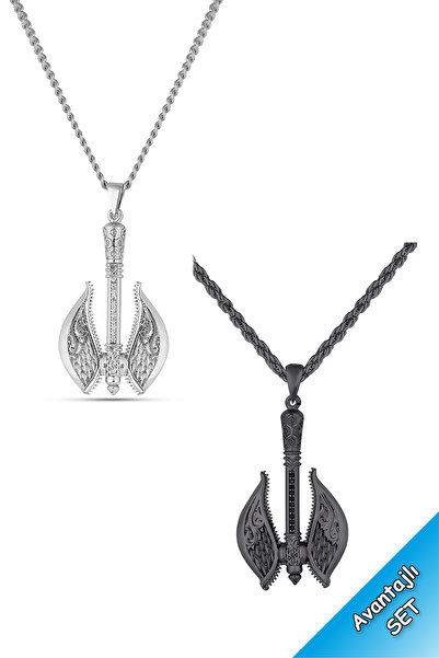 TREND COLLECTİON Silver and Black Antique Viking Axe Necklace Set (2 pcs)