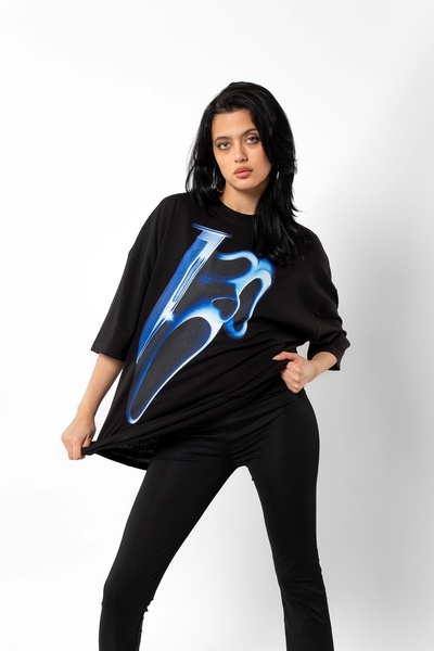 Bak Moda Unisex crna Oversize kroj T-shirt - maska Štampano