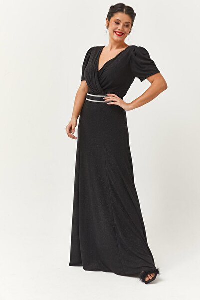 Ebsumu Kadın Büyük Beden Taşlı Kemer Aksesuarlı Uzun Siyah Abiye & Davet Elbisesi