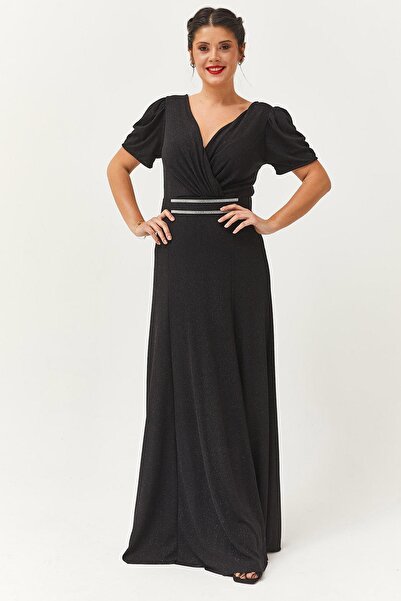 Ebsumu Kadın Büyük Beden Taşlı Kemer Aksesuarlı Uzun Siyah Abiye & Davet Elbisesi