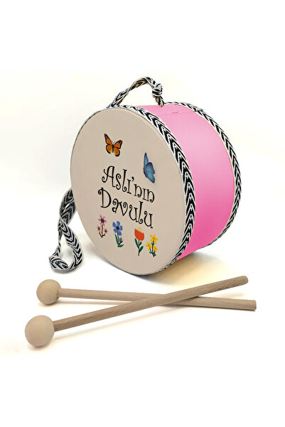 Sadrazam Çiçekli-Kelebekli_İsimli , Pembe , Gerçek Deri Çocuk Davulu