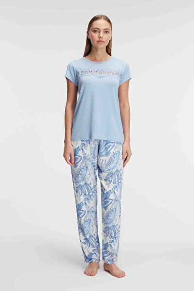 ANIL AMBALAJ Anil 9885 κοντό μανίκι Crew λαιμόκοψη γυναικεία βισκόζη με λουλουδάτο σχέδιο με καλοκαιρινό πλεκτό δαντέλα λεπτομερές σετ πιτζάμες