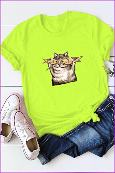 MORNİNG KİDS Μπλουζάκι από βαμβακερό πράσινο νέον εμπριμέ γάτα και ψάρια για ...