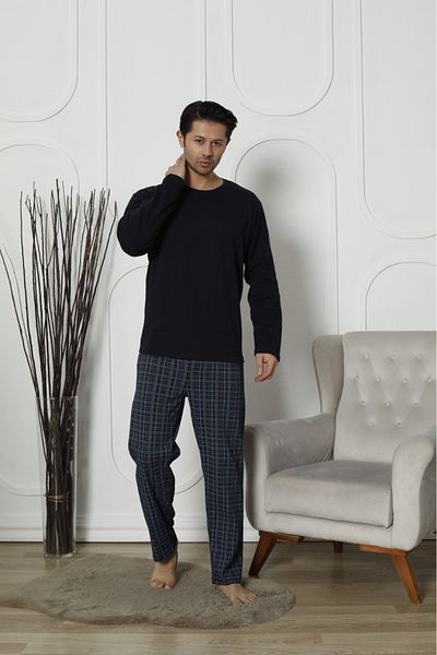 PİJAMOOD Navy Blue Plaid Men's Pajama Set