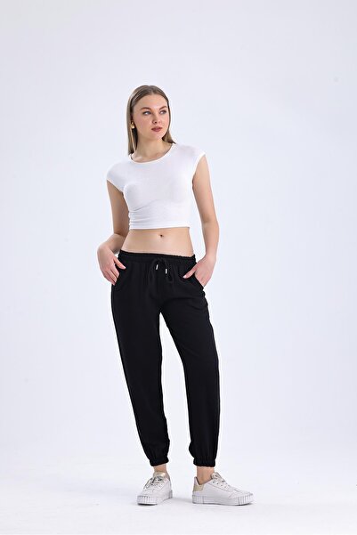 Miss Murem Bel Paça Lastik Keten Pantolon-SİYAH