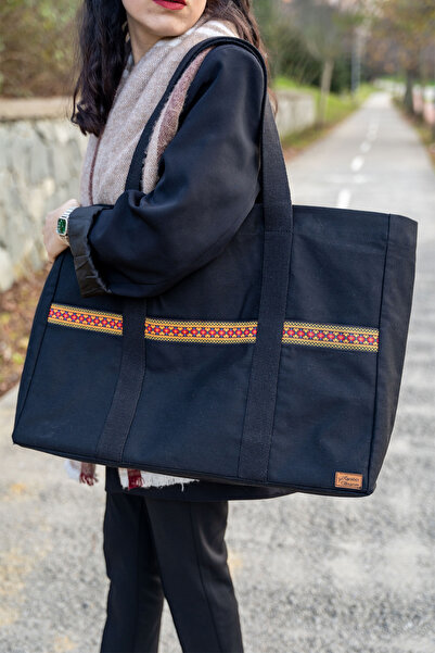 Ju Yaratıcı Tasarım Canvas Shoulder Bag Waterproof Fabric Oversized Black Color