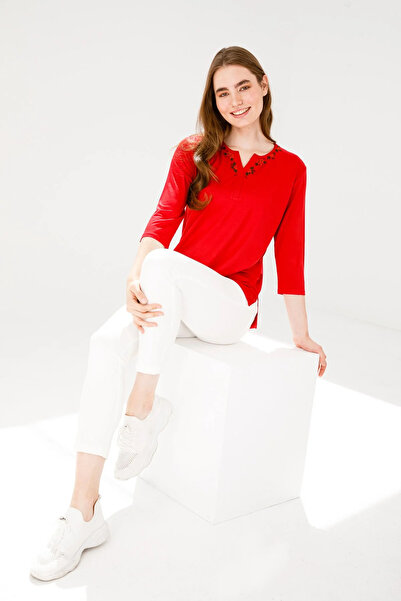 Desen Triko Kadın Açma Yaka Uzun Kol İşlemeli Penye Bluz Kırmızı