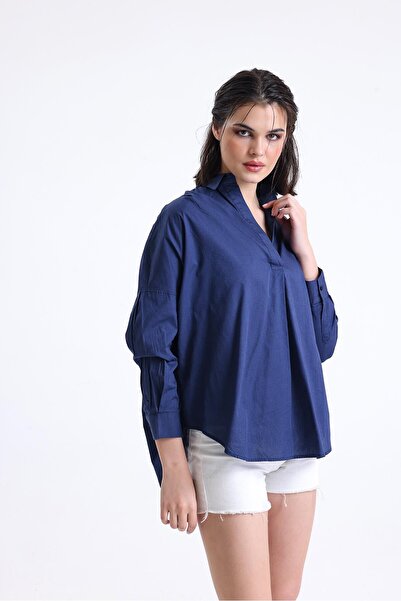 Miss Murem Placket Poplin Sun Shirt-DARK BLUE