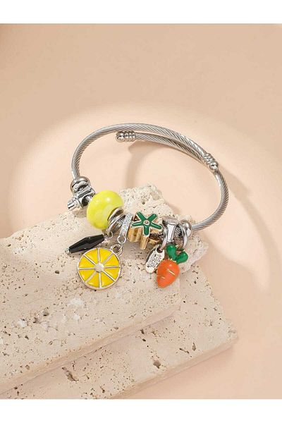 Eva Rose Silver Color Steel Charm Bracelet with Yellow Stone Lemon and Carrot Figures