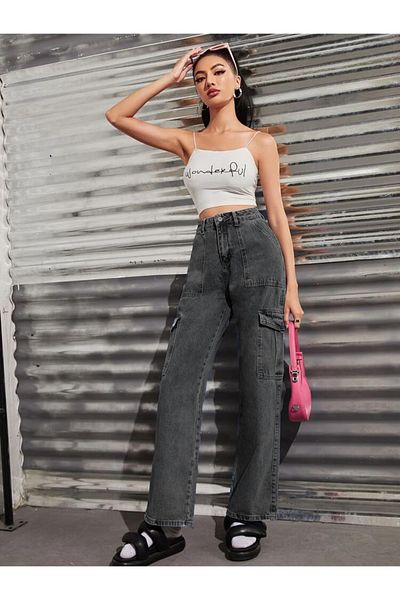 SHEVEGA Smoked Cargo Pocket Snow Black Palazzo Jean Wide Leg Jeans