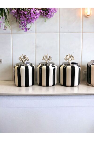 ferayhome Baharatlık  Büyük Set  3 lü Siyah Dik Çizgi Metal GÜMÜŞ Kapak Ferme...