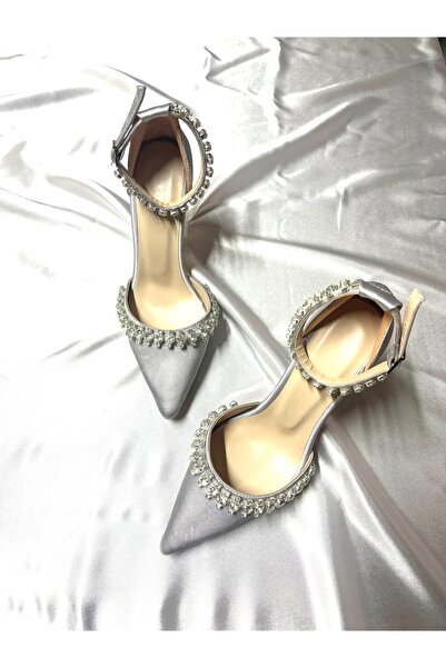 TrendyAnka Satin Silver Crystal Stone 8 Cm Transparent Heeled Pointed Toe Evening Dress Shoes