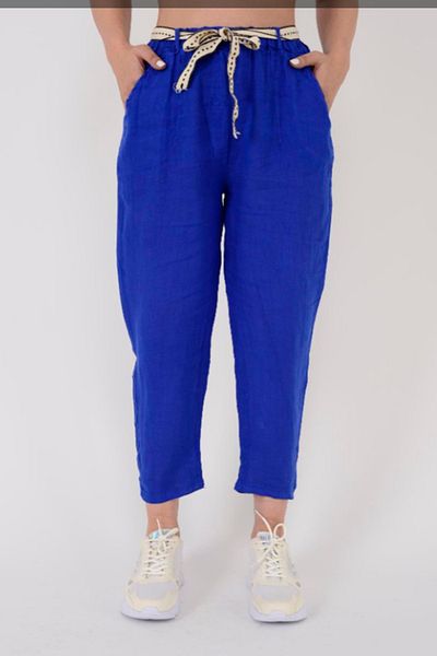 AYASOFYA OTANTIK Women's Italian Saks Blue Elastic Waist Belt Detailed Carrot Linen Trousers