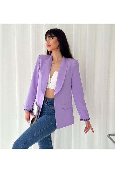 pembekurdelem Women's Sleeve Foldable Liner Leopard Pattern Buttonless Blazer Jacket Lilac
