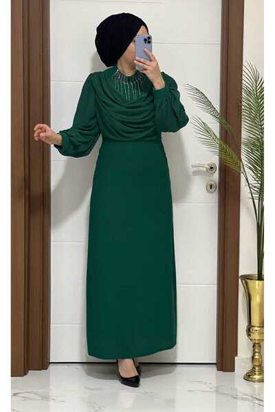 masalabiyem 4453 K100 ZÜMRÜT YEŞİLİ ŞİFON KOL KOLYELİ KREP ABİYE