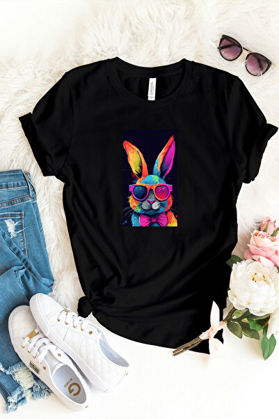 AEMİ Tricou de damă cu design iepure imprimat cu decolteu rotund, 100% bumbac...