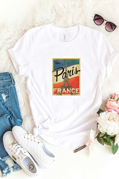 AEMİ Tricou de damă Paris, Franța, cu imprimeu, cu gât crew, 100% bumbac, supradimensionat