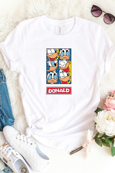 AEMİ Γυναικείο μπλουζάκι με στάμπα Donald με λαιμόκοψη 100% βαμβακερό μπλουζά...