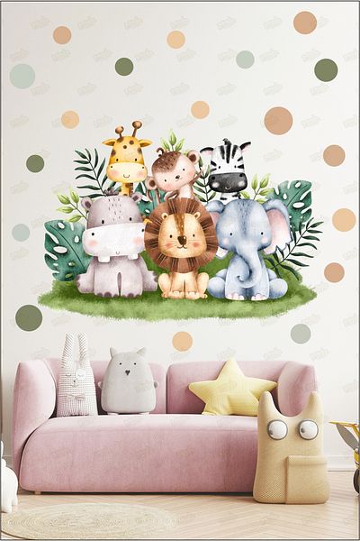 PANDA SOKAĞI Safari Forest Animals and Polka Dot Sticker Set, Children's Room Wall, Glass, Furniture Sticker Set