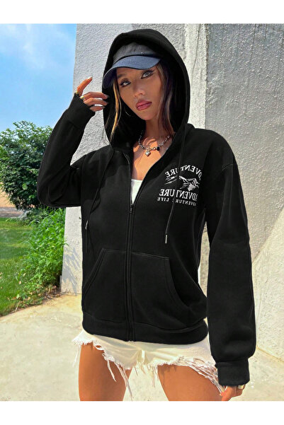 MODARİCH Adventure Mountain Cardigan - Black Printed Winter Oversize Hooded Zipper Pocket Detailed Cardigan