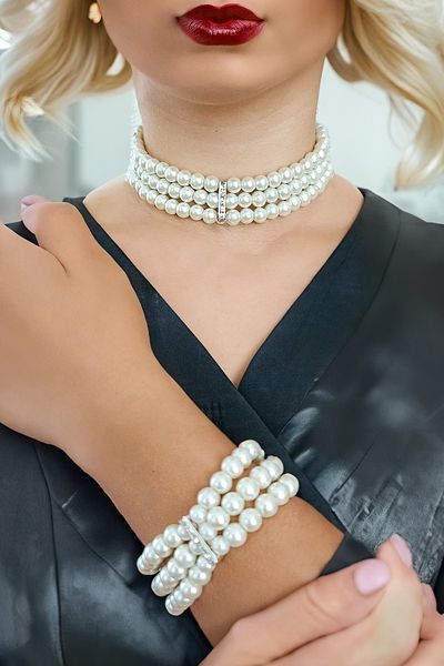 MinimalistTasarım Zircon Jewelled Pearl Choker Necklace Set, Choker Necklace Set, Rose Choker Necklace, Jewelled Choker Necklace