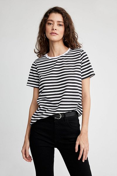 DeFacto Tricou cu mânecă scurtă, cu dungi, 100% bumbac, cu decolteu în dungi, cu formă normală X4604az23sm
