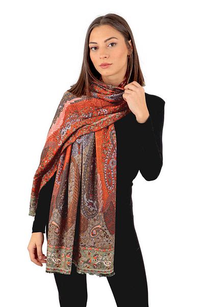 Bursa İpek Orange Shawl Pattern Winter Shawl