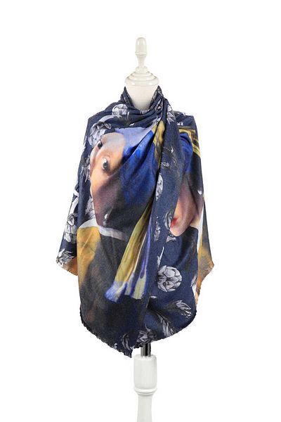 Bursa İpek Girl Pattern Winter Shawl with Dark Blue Pearl Earrings