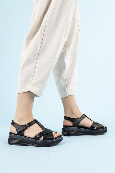 Getcho Manu Taba Negru Femei Zilnic Talpă anatomică Sandale confortabile cu velcro Pantofi de vară cu talpă moale