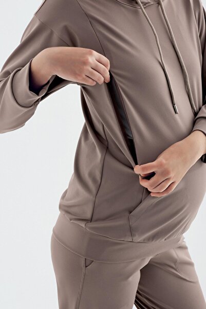 Artış Uzun Kollu Emzirme Bölmeli Kapüşonlu Jogger Esnek Hamile Eşofman Takımı