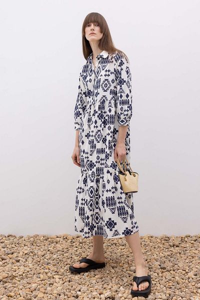 DeFacto Shirt Collar Patterned Terry Cotton Maxi Half Sleeve Dress Z9109az23sp