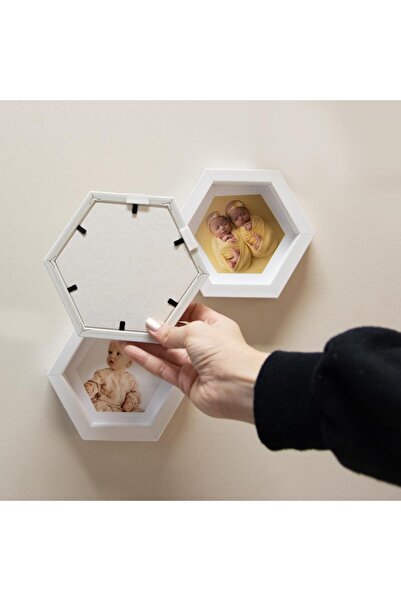 Nobbystar Yapışkanlı Sök Tak Küçük Beyaz Altıgen Fotoğraf Çerçevesi - 3'lü Paket
