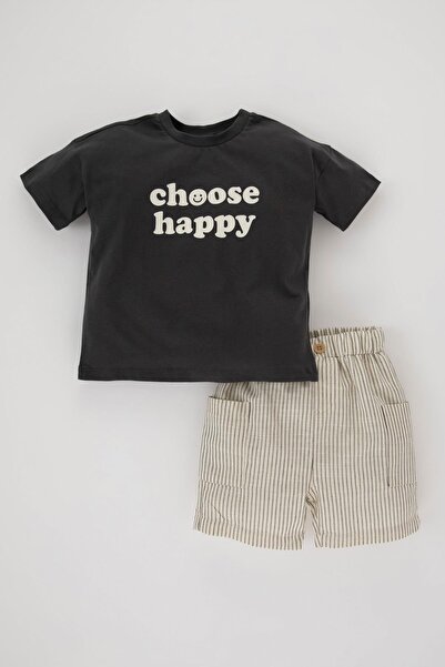 DeFacto طقم شورت مخطط بأكمام قصيرة مطبوع للأطفال الرضع مكون من قطعتين Z8614a2...