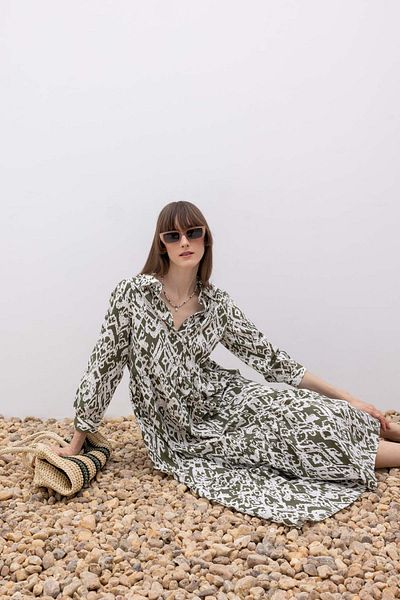 DeFacto Shirt Collar Patterned Terry Cotton Maxi Half Sleeve Dress Z9109az23sp