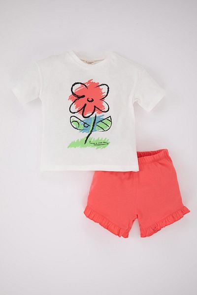 DeFacto Baby Girl Floral Printed Short Sleeve T-Shirt Shorts 2 Piece Set Z9034a223sm