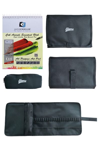 GLANCE Alex Schoeller 200gr A5 Black Pen Holder with 20 Leaf Pockets 24 compartments + Pencil Case