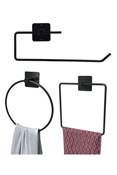 CEPHOME مجموعة لاصقة معدنية سوداء مكونة من 3 حاملات مناشف ورقية - حامل مناشف دائري ومربع