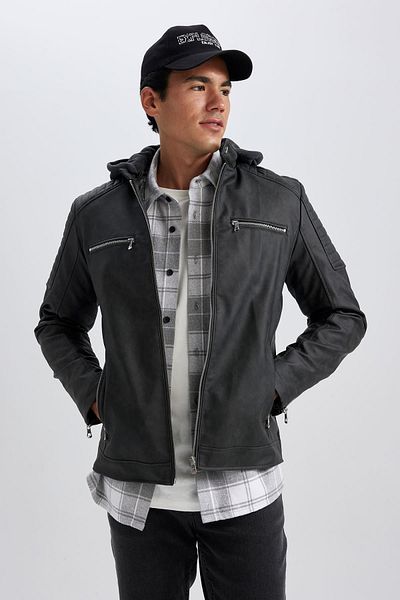 DeFacto Slim Fit Hooded Jacket Faux Leather Coat R2523az23wn